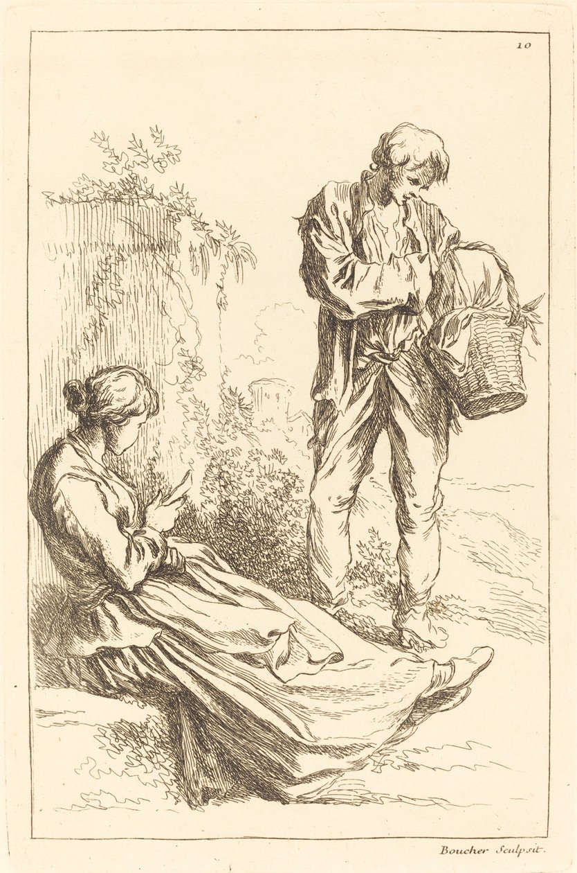 Mulher sentada com menino camponês segurando uma cesta de François Boucher after Abraham Bloemaert