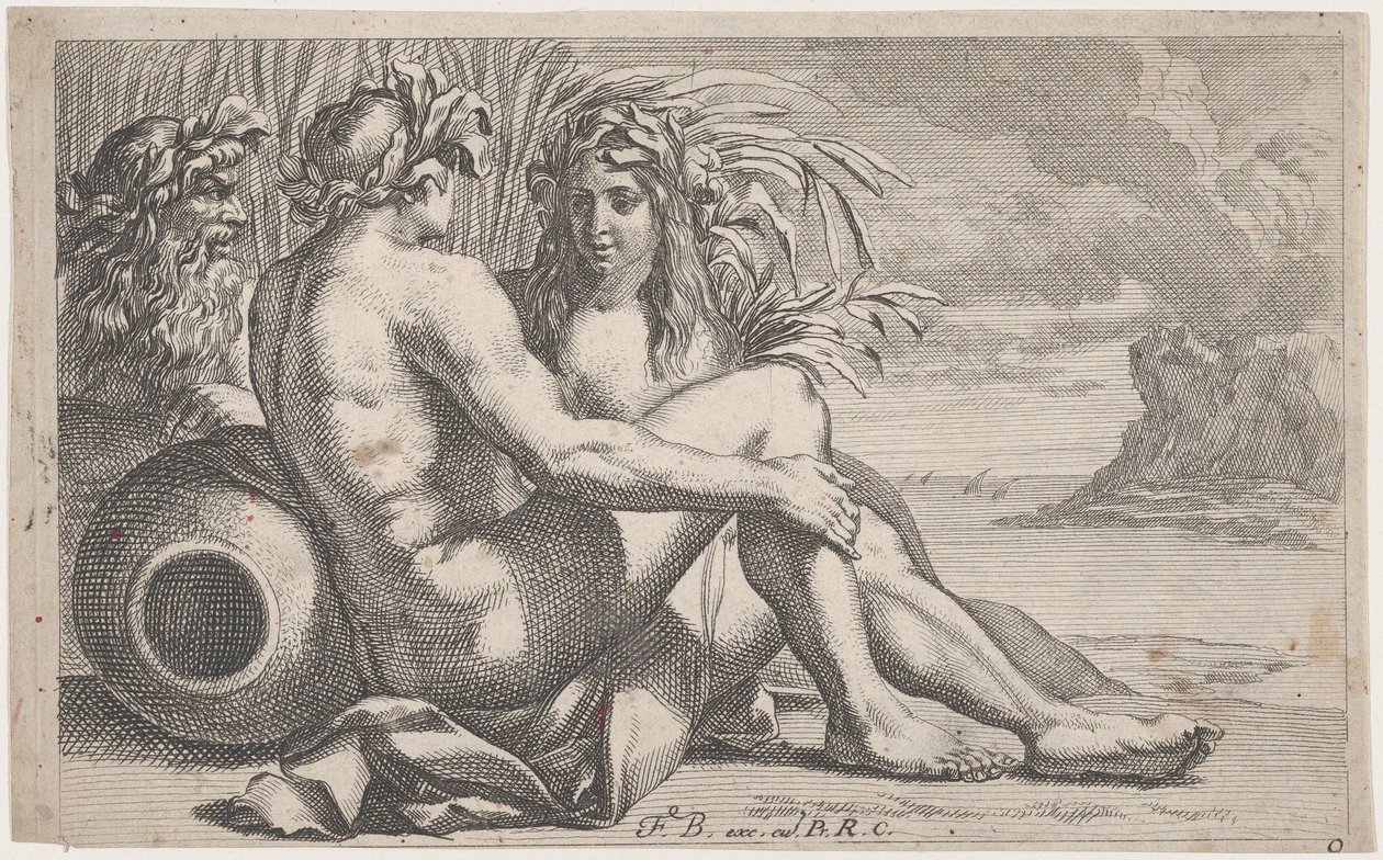 Deuses do rio reclinados diante de uma paisagem marinha, 1651-82. de François Bourlier