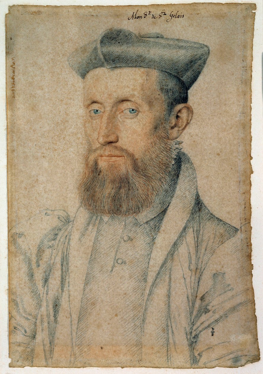 Retrato de Mellin de Saint-Gelais (ou Saint Gelais, Saint Gelays, Saint Gelays, Saint-Gelais, Saint-Gelais, Sainct Gelais) (1495-1558), poeta francês. Desenho com sangue e pedra preta por Clouet Francois (1515-1572), cerca de 1500. Chantilly, Musee Conde de François Clouet