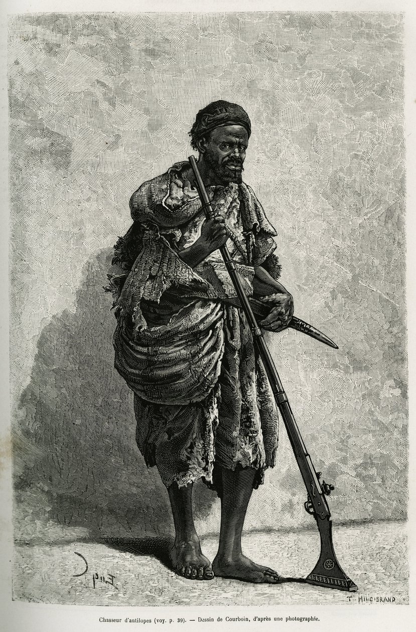 Caçador de antílopes. Gravura de Courboin, para ilustrar o Sahara argelino, de V.Largeau, em 1874-1878, publicada no Tour du monde, sob a direcção de Edouard Charton (1807-1890) de François Courboin