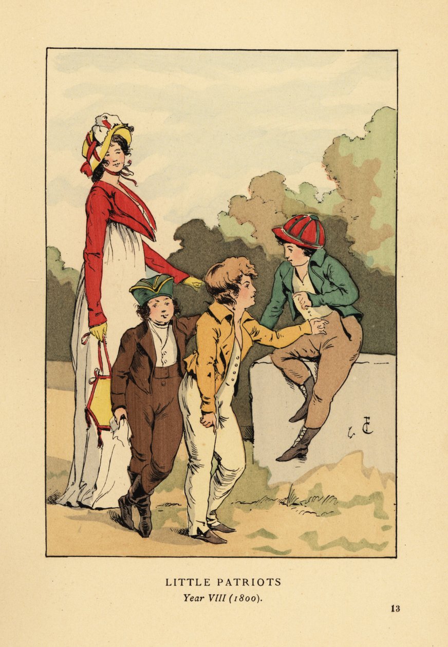 Rapazes de casacos e calças com Merveilleuse em roupão romano com capuz e casaco spencer. Pequenos Patriotas, Ano VIII de François Courboin