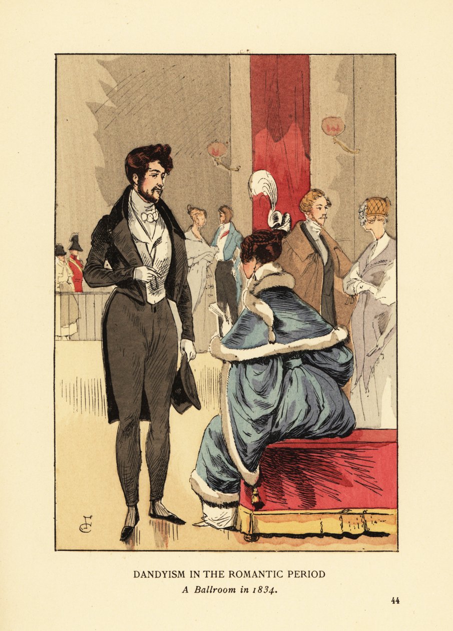 Dandyism no Período Romântico, Um salão de baile em 1834. Fop em casaco com cauda, calças justas e cartola. Mulher em vestido de pele com penas no cabelo. Litografia colorida por R.V. depois de uma ilustração de François Courboin de Octave Uzanne