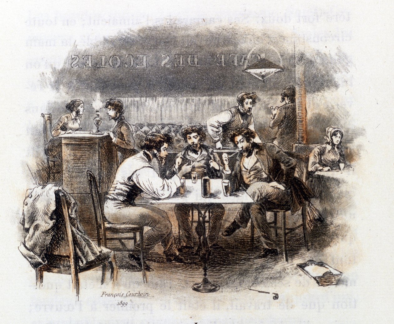 Discussão entre estudantes em um café parisiense. Ilustração do "Perfil de grisette" novo pertencente ao Receuil "Mimi de Pinson" de Alfred de Musset de François Courboin