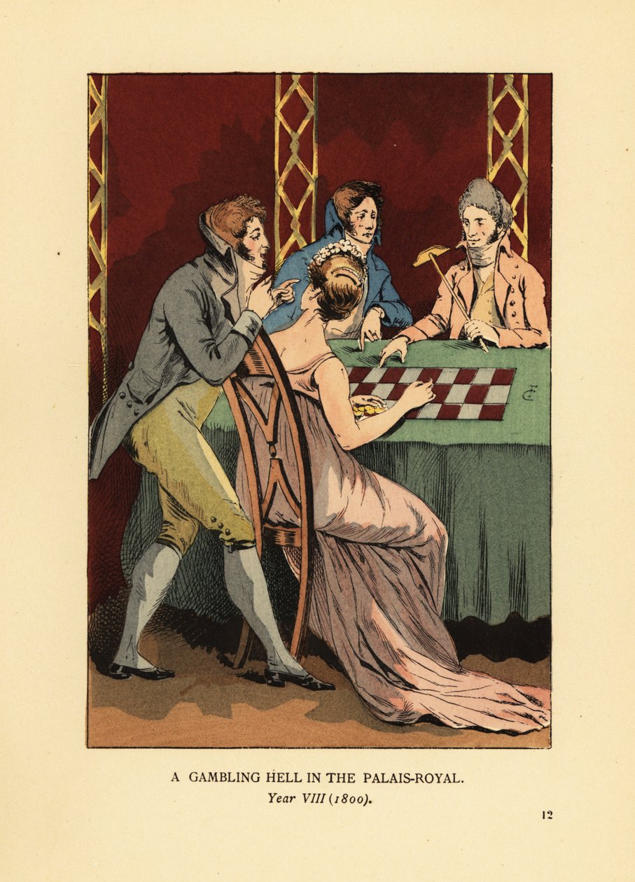 Incroyables da moda em jaquetas de colarinho alto em uma mesa de jogo com mulher jovem e croupier. Um inferno de jogo no Palais Royal, Ano VIII de François Courboin