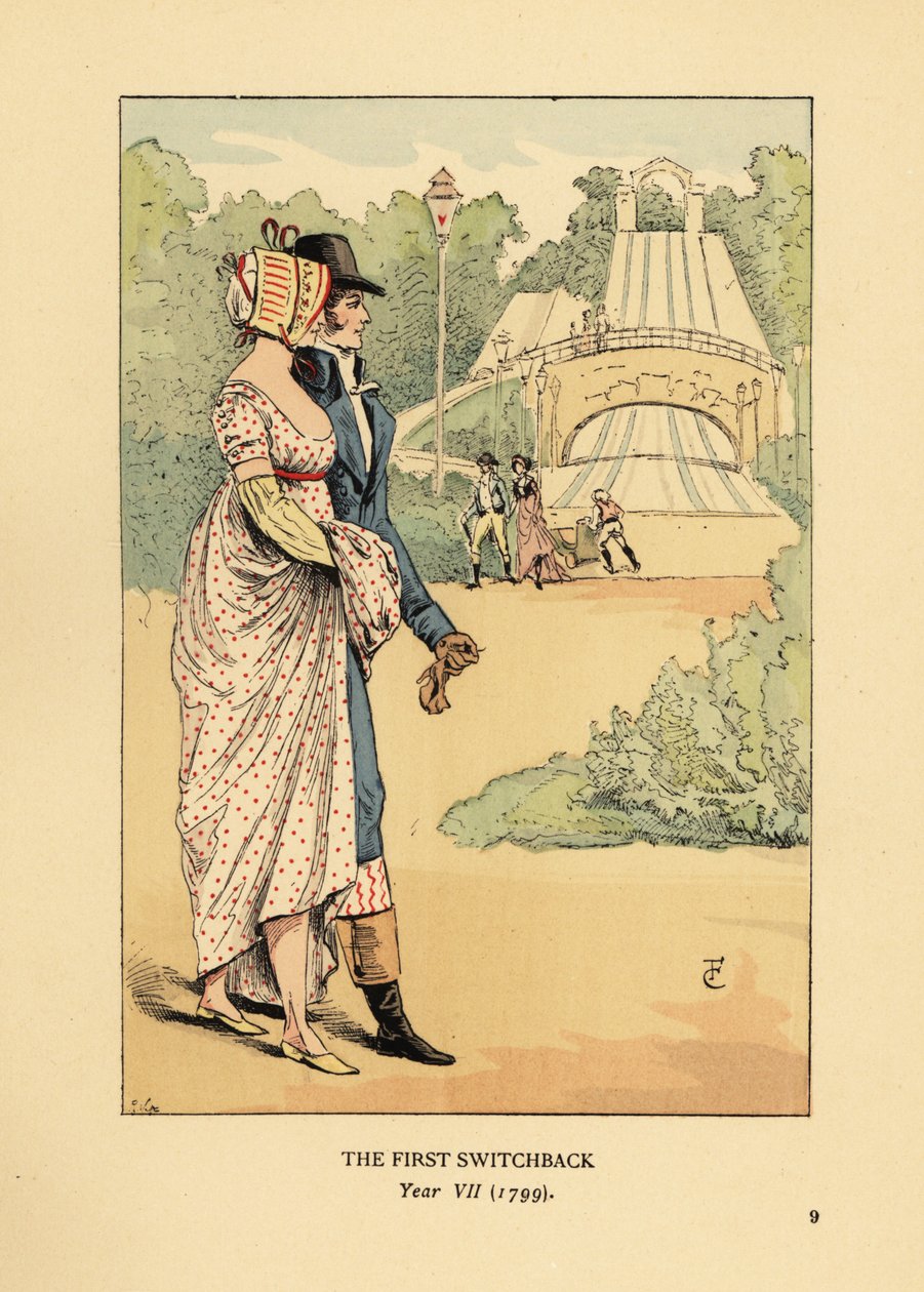 Casal da moda na montanha russa, Les Montagnes Russes a Belleville, construída em 1812. (O primeiro switchback, Ano VII de François Courboin