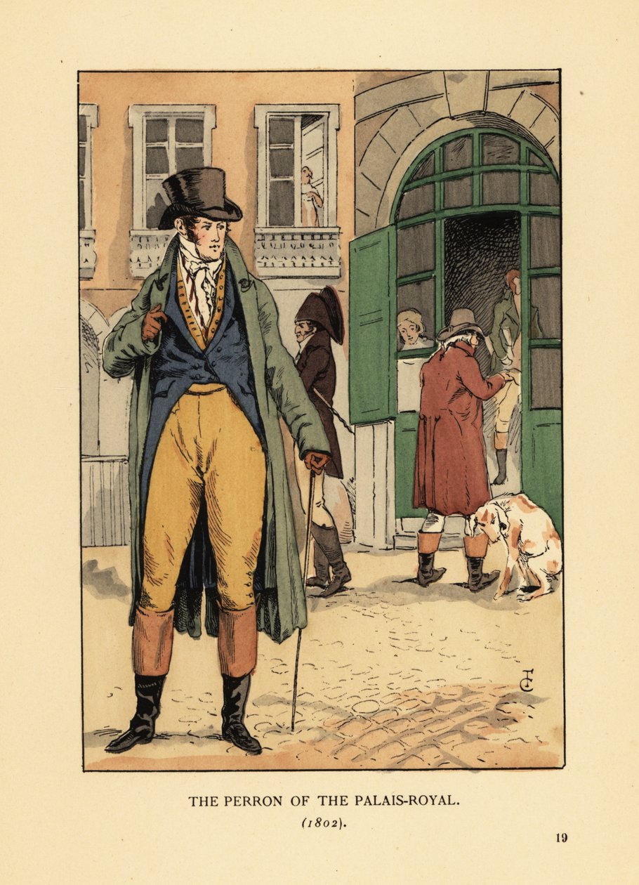 Cavalheiro da moda em frente à entrada do Passage du Perron, Palais Royal. Ele usa um chapéu, cravat, casaco, calças e botas. O Perron du Perron, Palais Royal, Paris de François Courboin