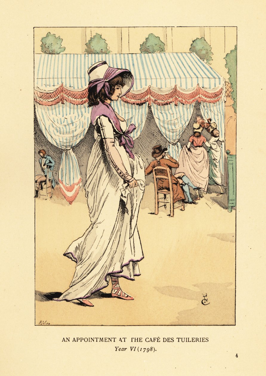 Mulher da moda chegando para um compromisso no Café des Tuileries, Paris, Ano VI de François Courboin