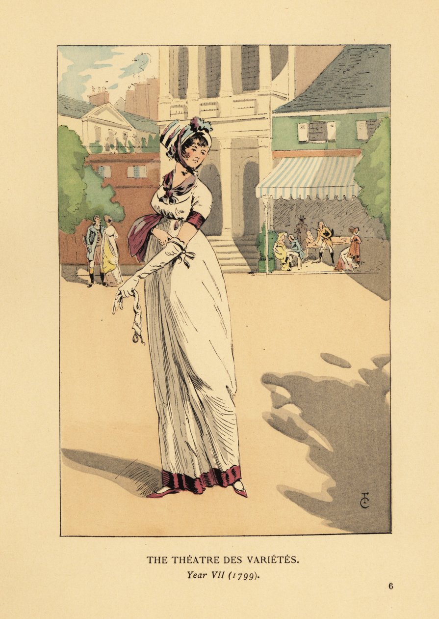 Mulher da moda em frente ao Theatre des Varietes, Boulevard Montmartre, Ano VII de François Courboin