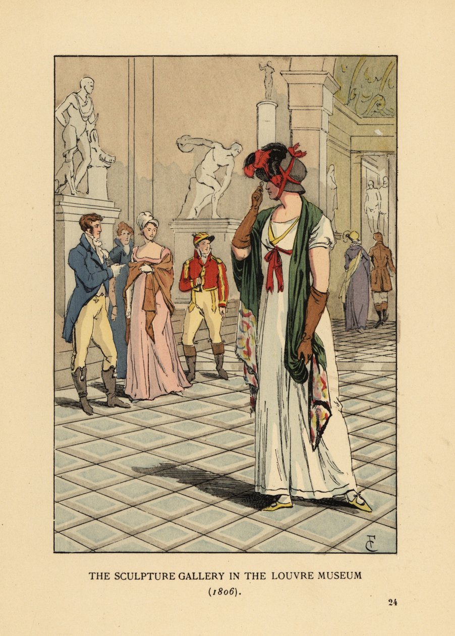 Mulher da moda na galeria de esculturas do Museu do Louvre de François Courboin