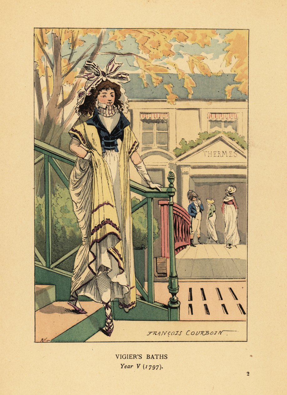 Mulher da moda ou Merveilleuse em frente ao Bains Vigier ou banhos termais de Vigier nas margens do rio Sena, Ano V de François Courboin