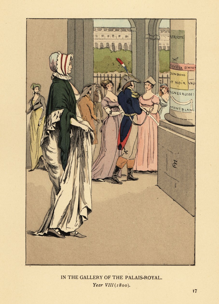 Mulher da moda passeando pela galeria do Palais Royal, Paris, Ano VIII de François Courboin