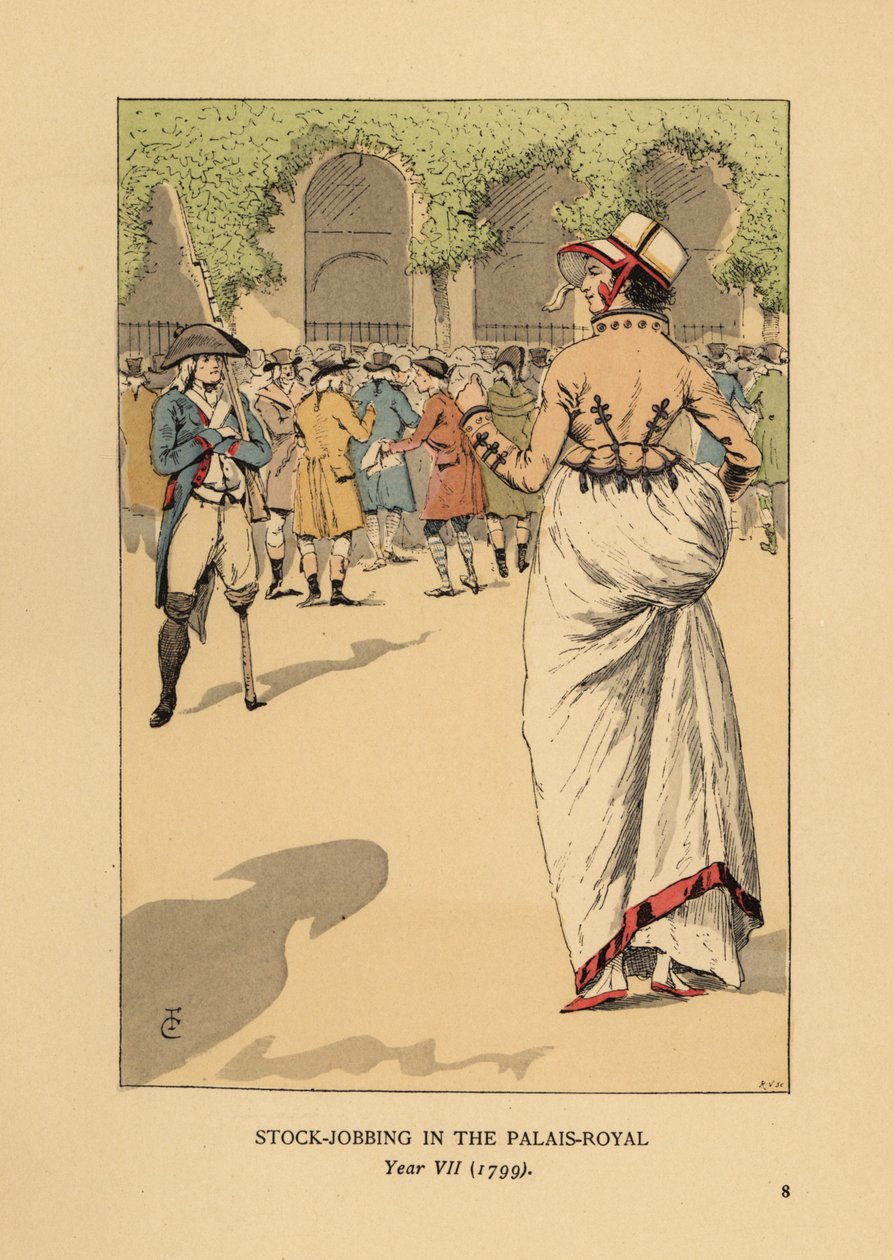 Mulher da moda com um grupo de especuladores ou agioteurs, Paris. Um soldado revolucionário de uma só perna fica de guarda. Trabalho de armazém no Palais Royal, Ano VII. de François Courboin