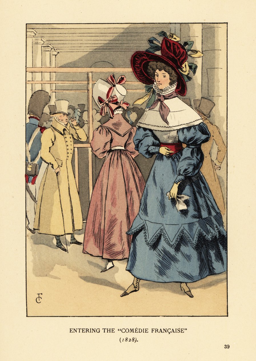 Mulheres da moda em uma peça, Paris. Mulher de chapéu grande com fitas, vestido com gola alta, capa de renda ou pelerine e manga cheia em boina. Entrando na Comedie Francaise de François Courboin