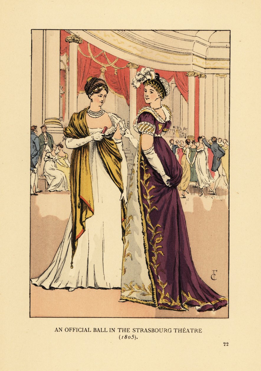 Mulheres da moda em vestidos de baile e turbantes em um teatro. Um baile oficial no Teatro de Estrasburgo de François Courboin