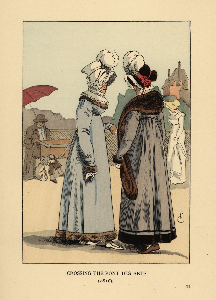 Mulheres da moda com chapéus de penas, golas de rendas e vestidos aparados com pêlo. Atravessando a Pont des Arts, Paris de François Courboin