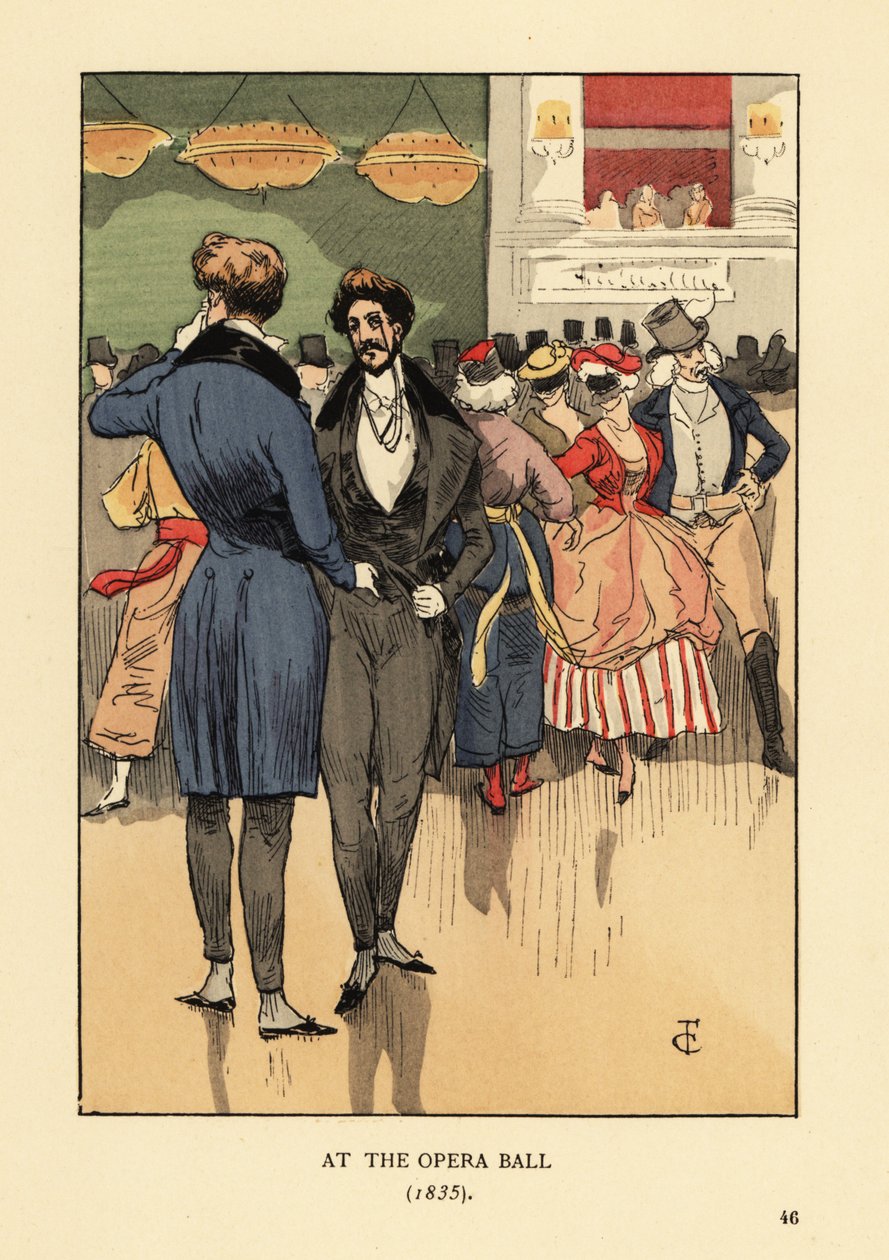 Fops em casaco com cauda, colete, calças justas e meias brancas. Pessoas com vestidos extravagantes e máscaras atrás deles. No Baile de Ópera de 1835. Litografia colorida por R.V. depois de uma ilustração de François Courboin de Octave Uzanne