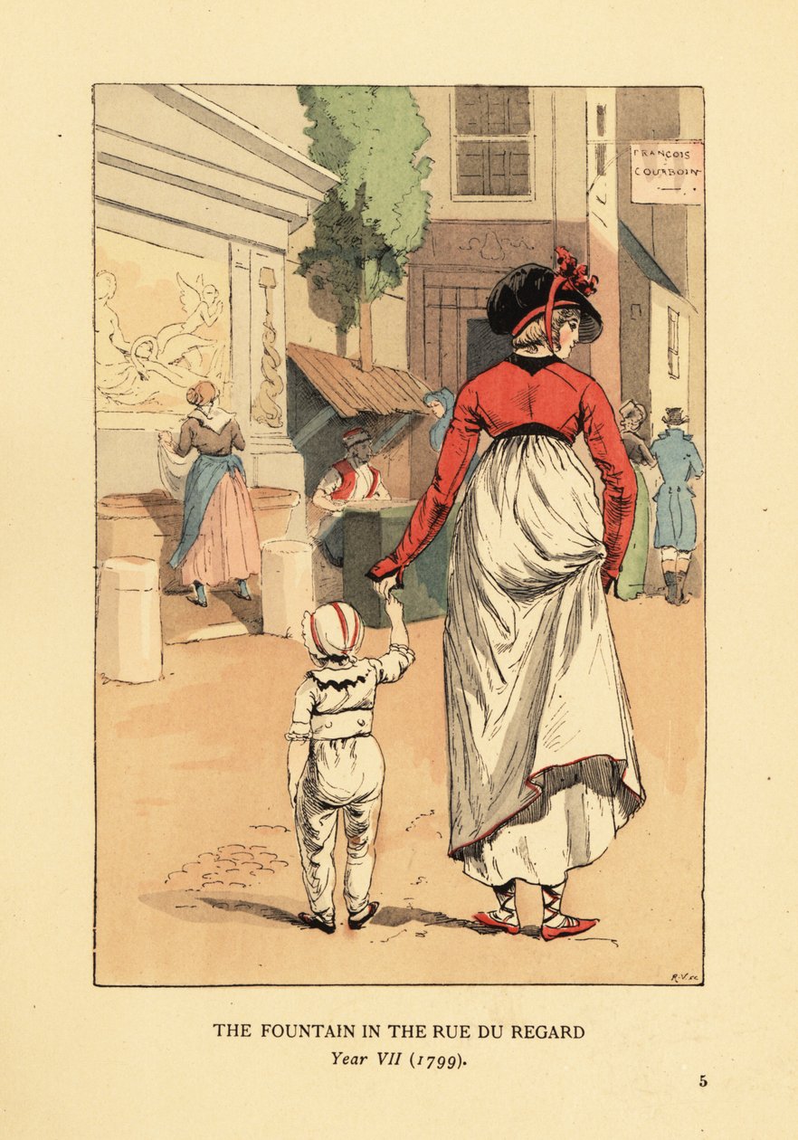 Mulher e criança em frente à Fonte de Leda, Fontaine de Leda, na Rue du Regard, Paris, Ano VII de François Courboin