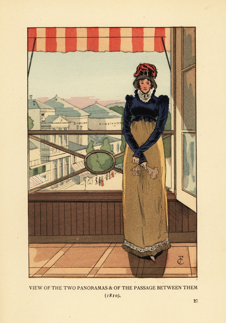 Mulher à janela com vista para o Panoramas e a Passage des Panoramas, na Boulevard Montmartre, Paris de François Courboin