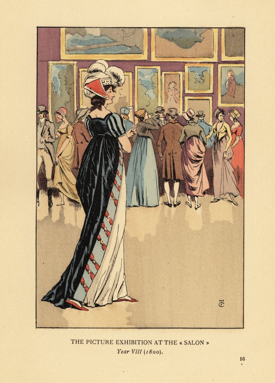 Mulher em vestido de moda na Exposição de Quadros do Salão de Paris, Academie des Beaux-Arts, Ano VIII de François Courboin