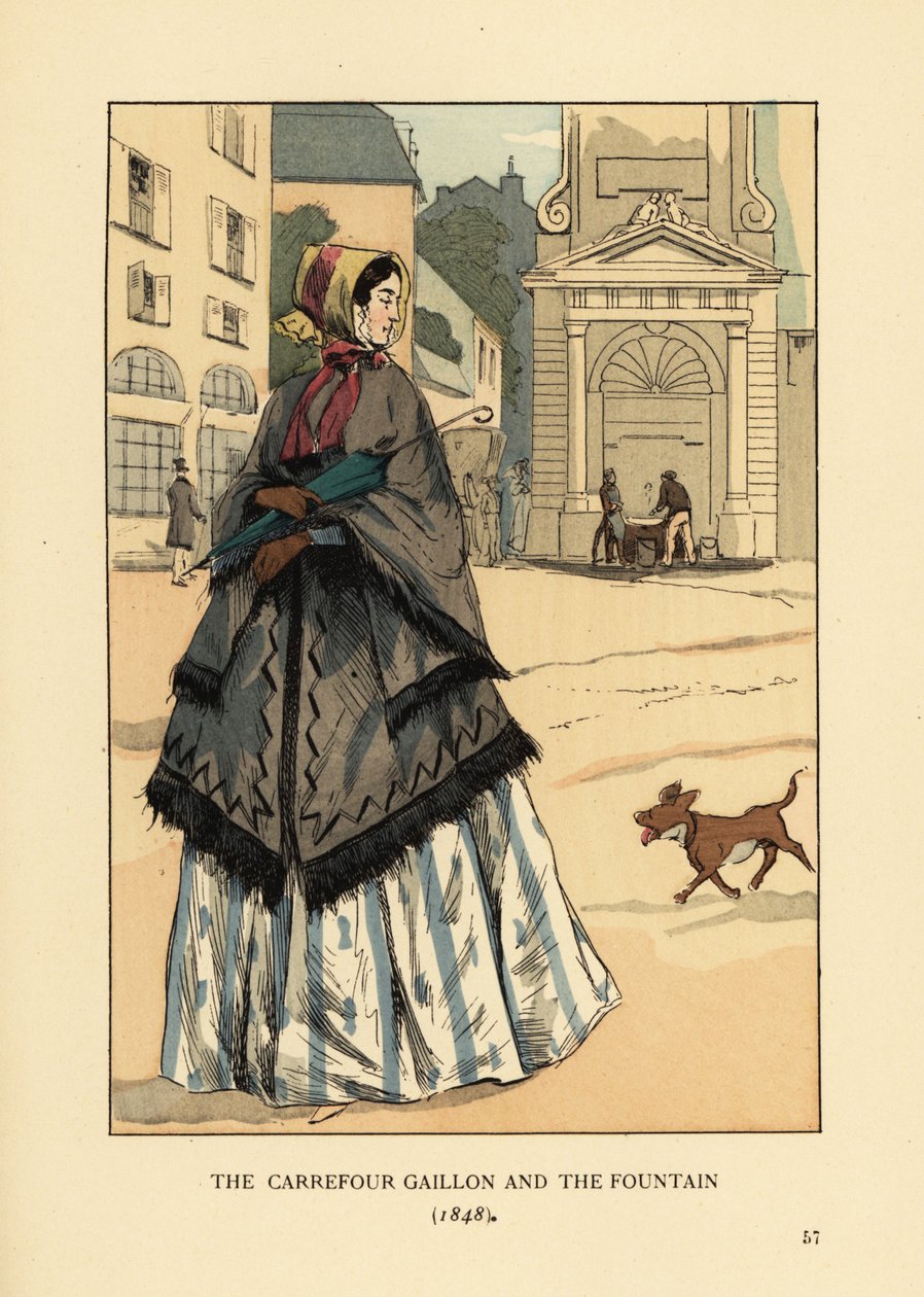 Mulher em frente à fonte na Place Gaillon, Paris. Ela usa um xaile de caxemira com buracos no braço chamado la visite sobre a crinolina dela. O carrefour Gaillon e o chafariz. de François Courboin