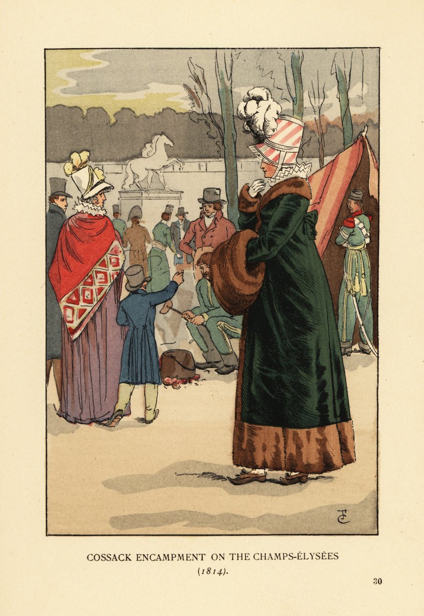 Mulher de casaco forrado de peles com peles de peles vestindo os bivouas Tatar e Kalmyk Cossack em Paris, após a queda de Napoleão. Acampamento de cossacos nos Campos Elísios de François Courboin