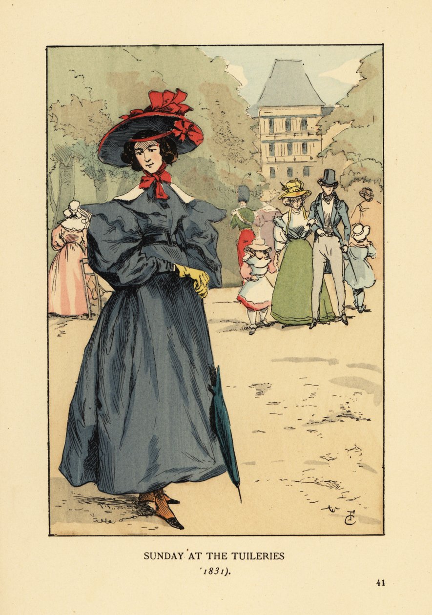 Mulher a desfilar no domingo Melhor do parque. Veste um chapéu de aba larga, veste-se com as mangas cheias, botas de tornozelo e carrega um guarda-sol. Domingo no Jardim das Tuileries de François Courboin
