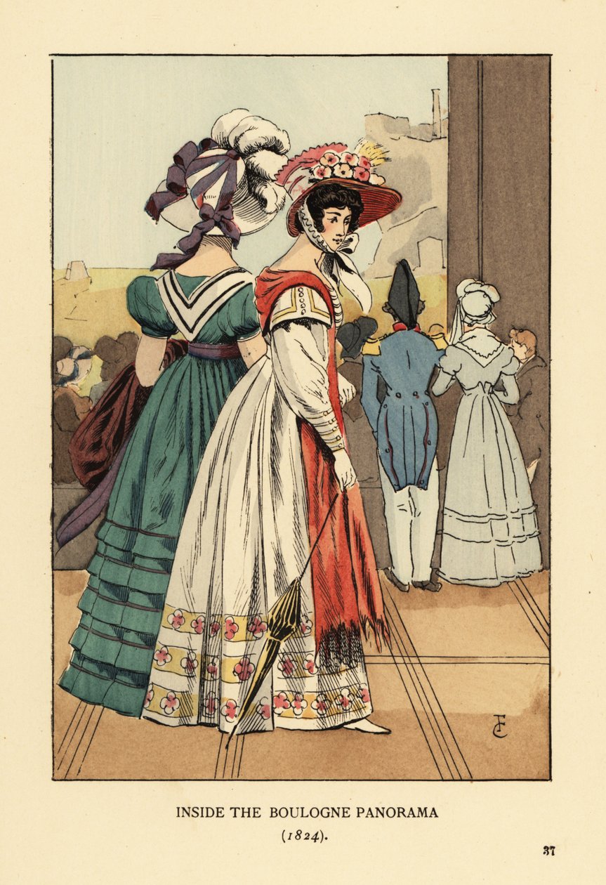 Mulheres vendo a grande paisagem urbana dentro do Panorama de Boulogne, Boulevard Montmartre, Paris de François Courboin