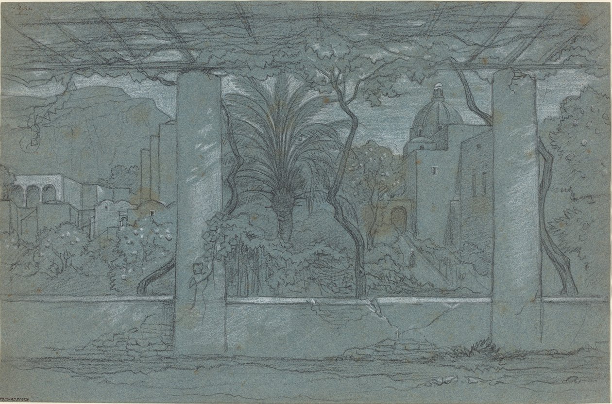 Um terraço e jardim em Capri [reto] de François Edouard Bertin