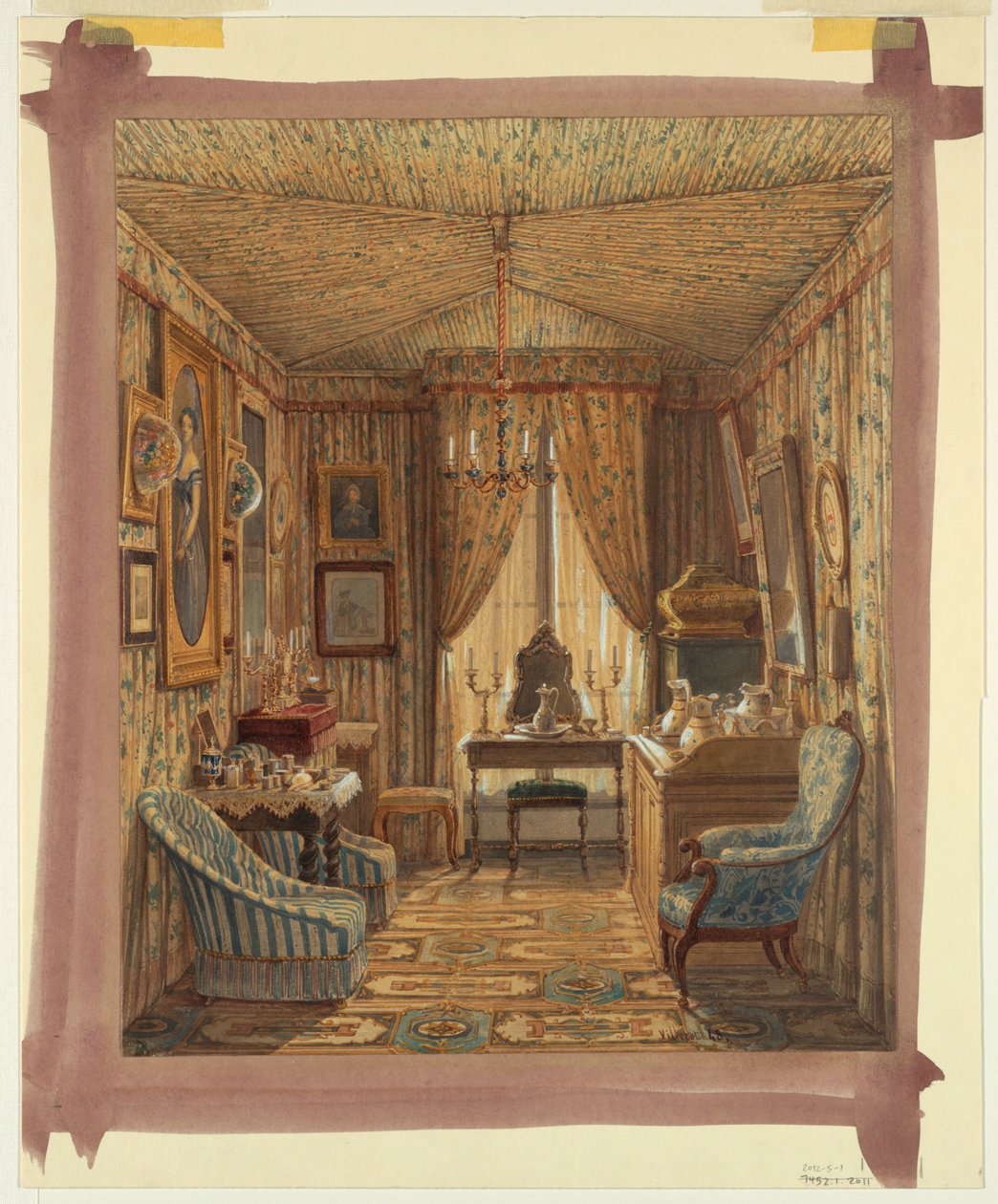 Desenho, Interior de um camarim com teto de tenda, 1848 de Francois Etienne Villeret