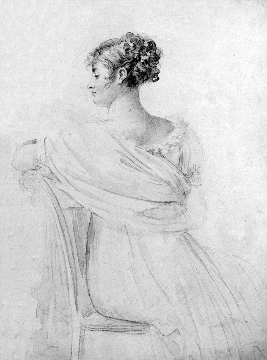 Retrato da Sra. Récamier, giz preto, reflexos de aguarela, por François Gérard. de François Gérard