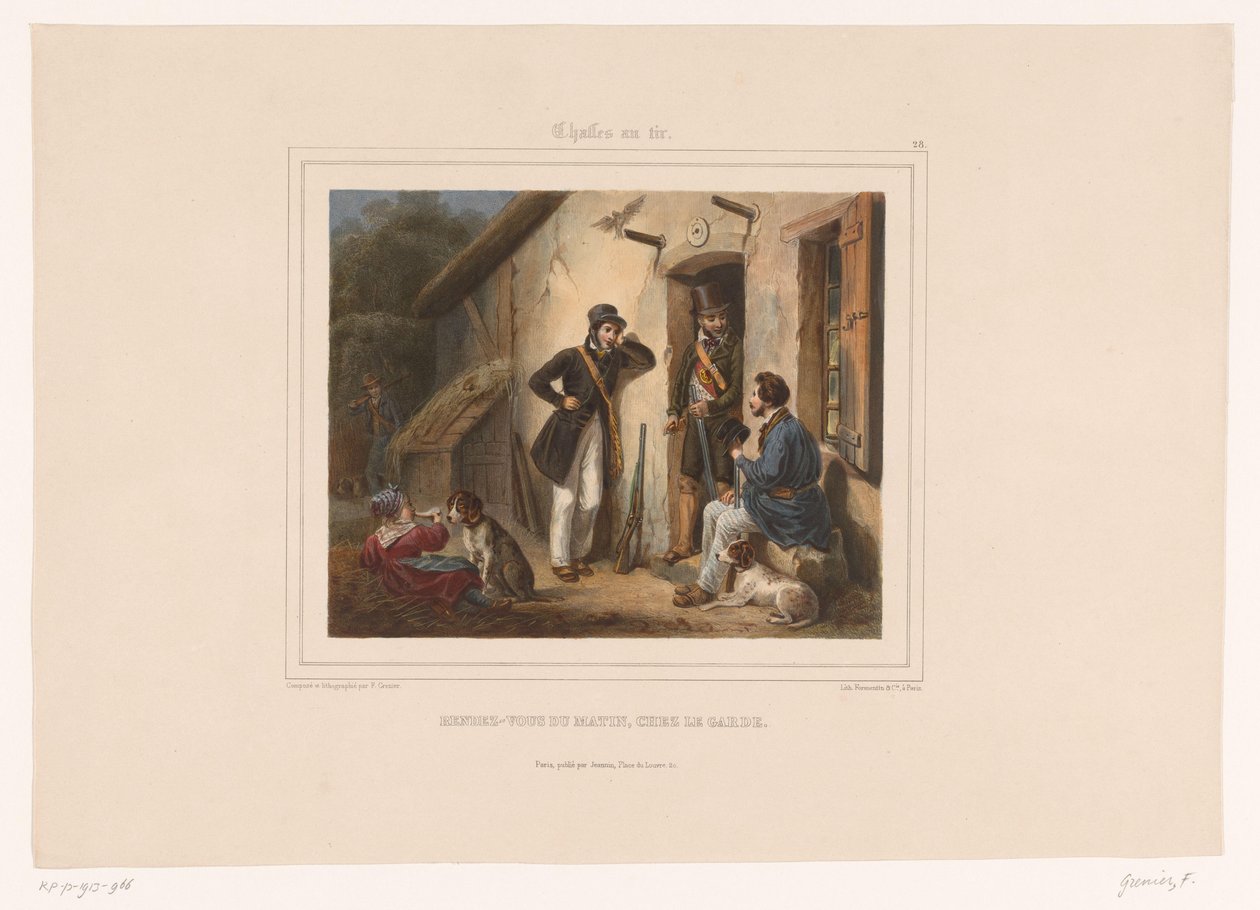 Caçadores encontram o guarda-caça pela manhã Rendezvous du matin, chez le garde (título no objeto) Caçadores com armas (título da série) Chasses au Tir (título da série no objeto) de François Grenier