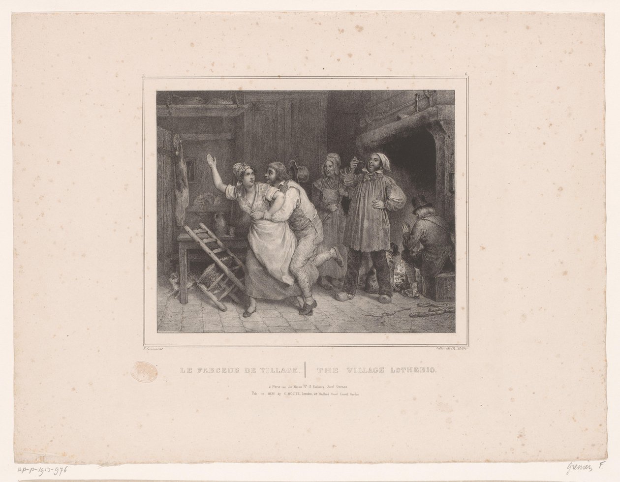 O homem tenta abraçar a mulher na estalagem
Le farceur de village / The village lotherio (título sobre o objecto)
Doze representações de várias figuras (título da série)
Album de douze sujets (...) (título da série) de François Grenier