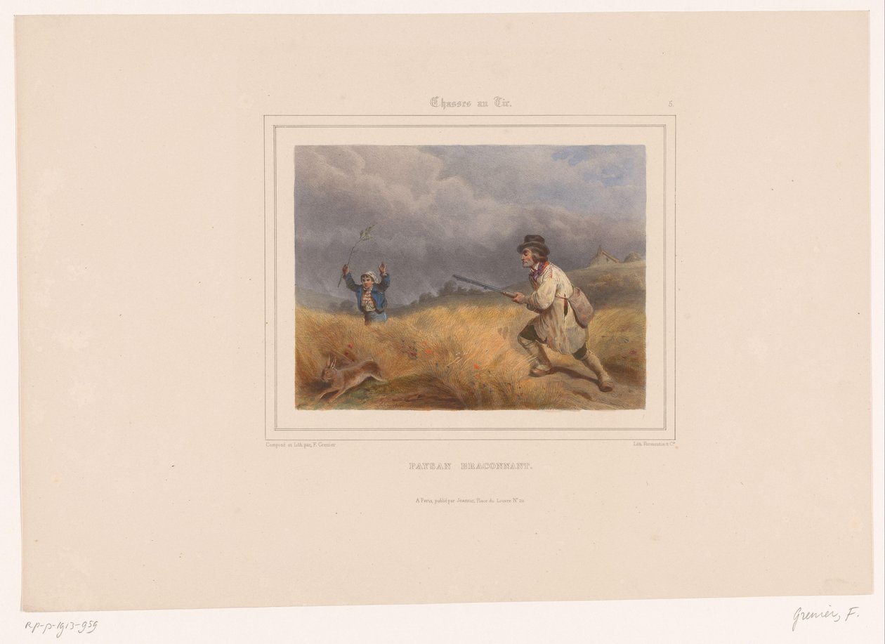 Dois caçadores furtivos perseguem uma lebre
Paysan braconnant (título sobre o objecto)
Caçadores com armas (título da série)
Chasses au Tir (título da série sobre o objecto) de François Grenier