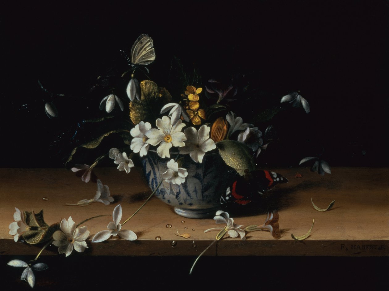 Flores em uma tigela de porcelana chinesa azul e branca com uma borboleta almirante vermelha em uma borda de madeira (óleo no painel) de François Habert