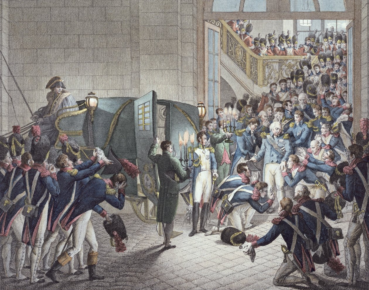Partida de Luís XVIII (1755-1824) Rei da França e Navarra, de Les Tuileries, 19 de março de 1815 (gravura a cores) de François Joseph Heim
