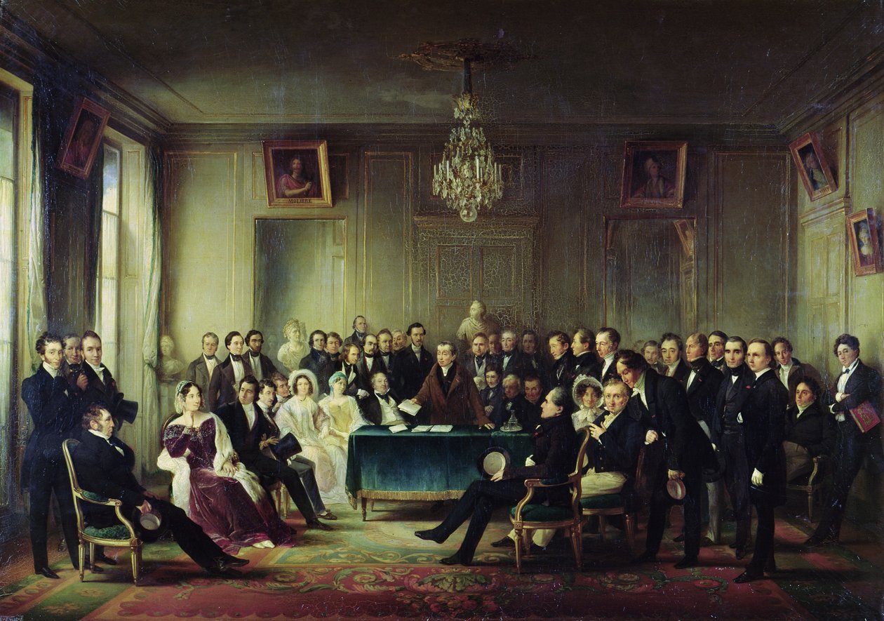 François Andrieux (1759-1833) Lendo sua tragédia &39;Junius Brutus&39; no foyer da Comédie Française, 26 de maio de 1828, 1847 (ver também 216914) de François Joseph Heim