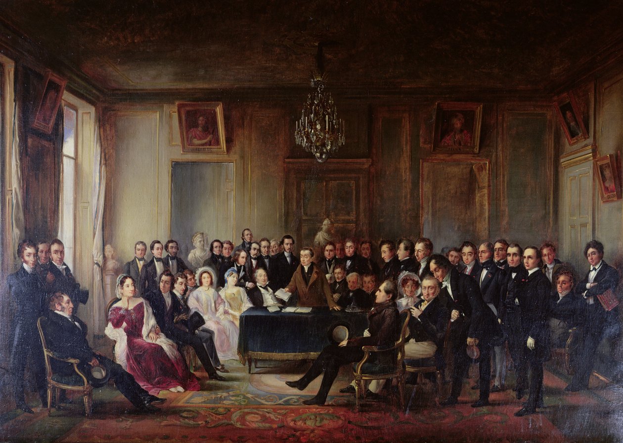 Francois Andrieux (1759-1833) Lendo sua tragédia &39;Junius Brutus&39; no foyer da Comédie Française, 26 de maio de 1828, 1847 (ver também 216913) de François Joseph Heim