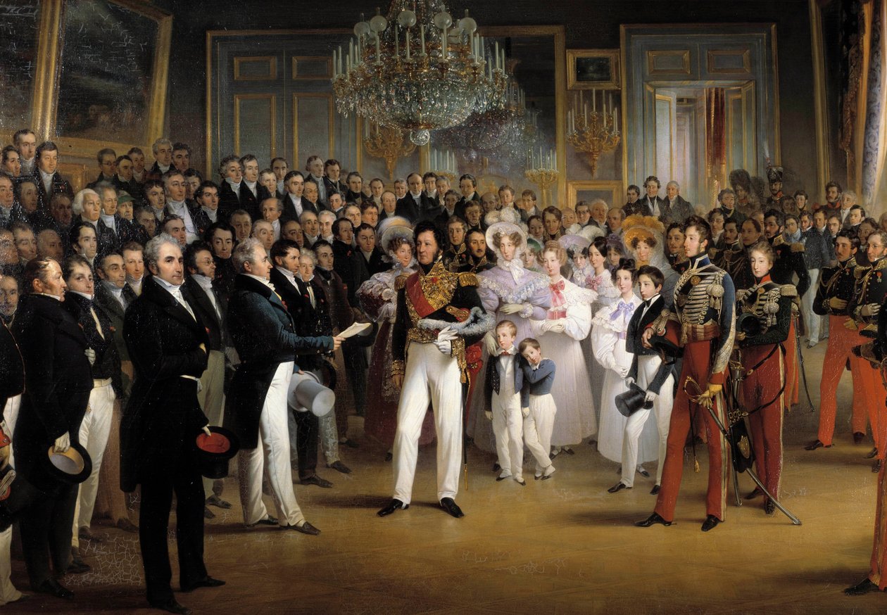 Revolução de 1830: "A Câmara de Deputados apresenta ao Duque de Orleães, Luís Filipe I (1773-1850), o acto que o chama ao trono e a Carta de 1830, no Palácio Real, em 7/08/1830" Detalhe. Pintura de François Joseph Heim (1787-18 de François Joseph Heim