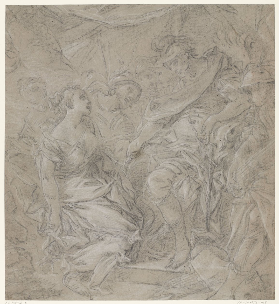 Jovem mulher ajoelhada perante um general na sua tenda (Scipio?) de François Le Moine (manner of)