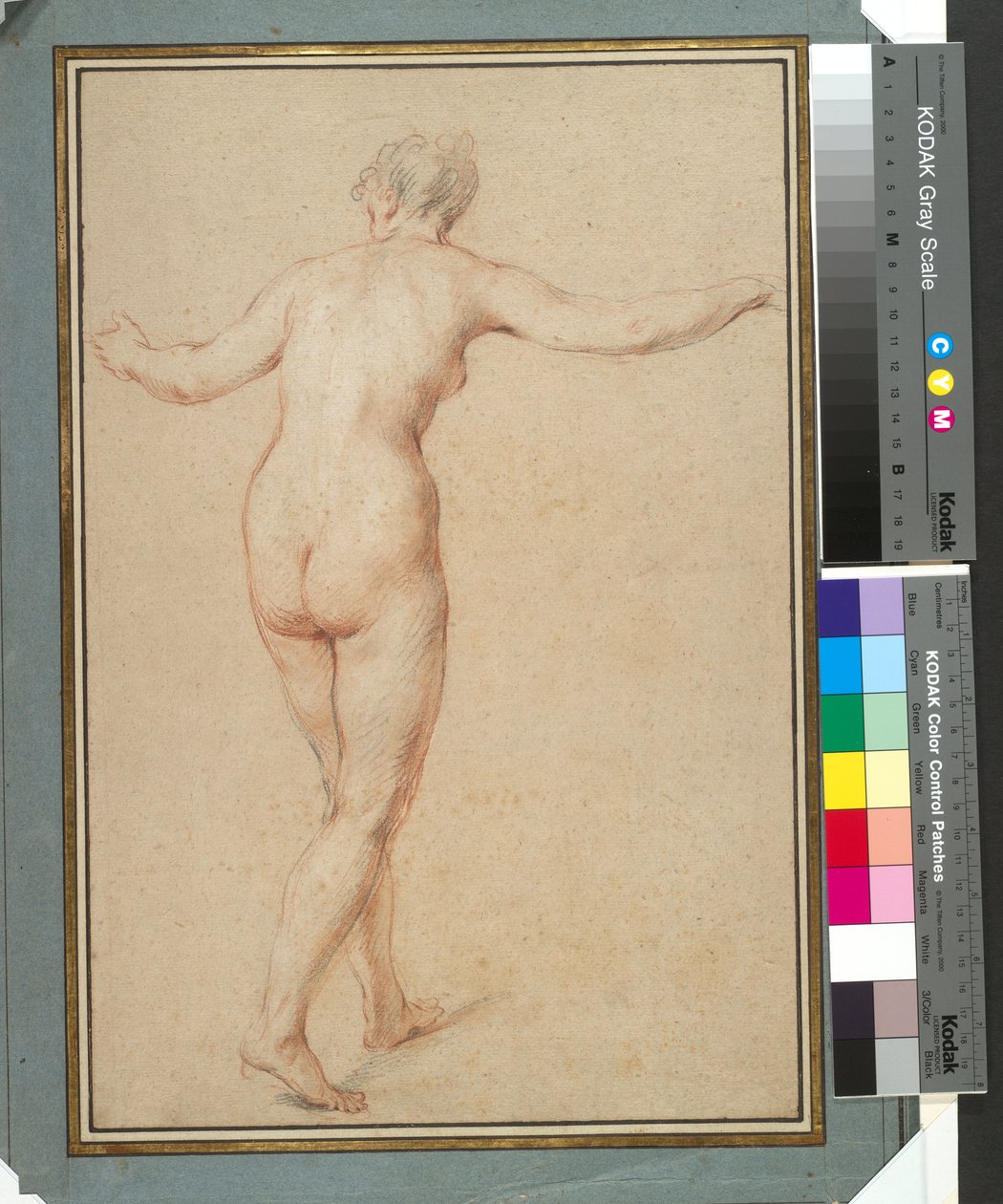 Fêmea Nua em Pé Vista de Trás, c.1722 (giz vermelho, preto e branco sobre papel) de François Lemoyne