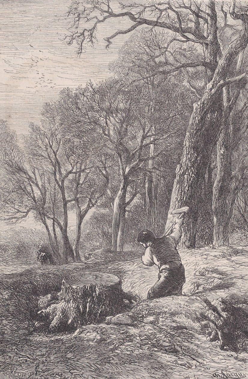Cena de inverno: o puxador de tocos, de Magasin Pittoresque, ca. 1852. de François Rouget
