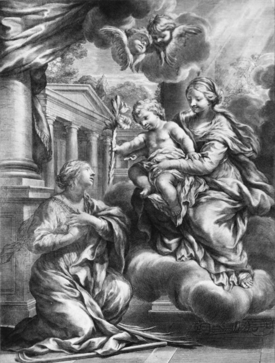 Santa Martina ajoelhada diante da Virgem e do Menino, enquanto o Menino lhe oferece um lírio,..., ca. 1664-79. de François Spierre