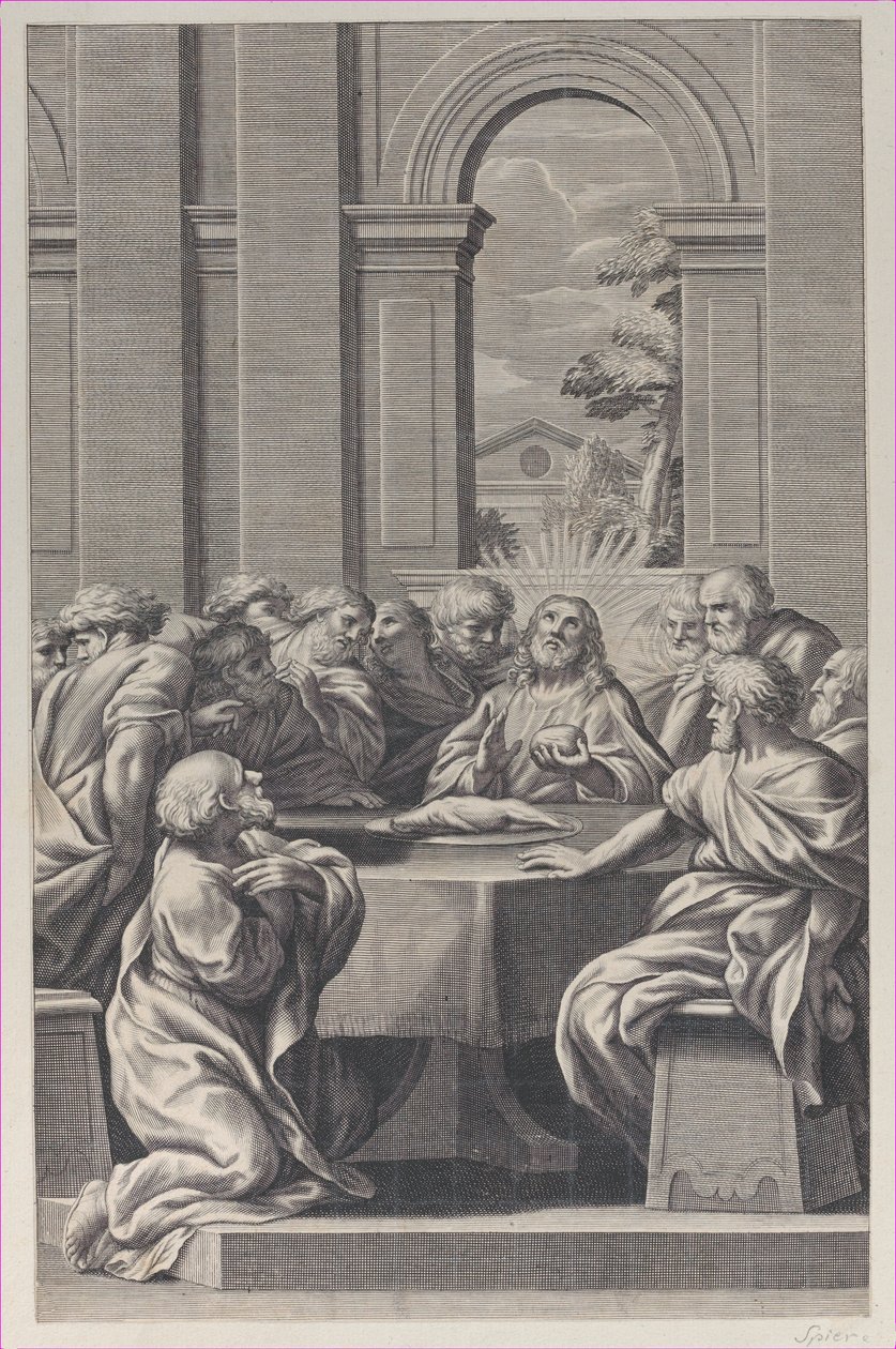 A Última Ceia, o interior de um edifício clássico com assento de Cristo e seus apóstolos..., 1660-81. de François Spierre