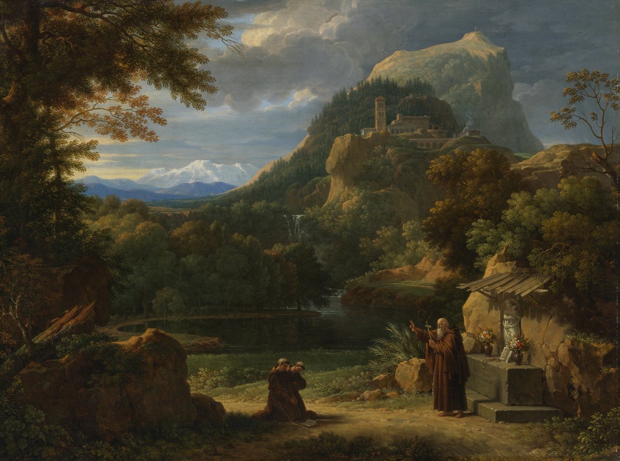 Santo António de Pádua apresenta dois noviços aos frades numa paisagem montanhosa de Francois Xavier Fabre