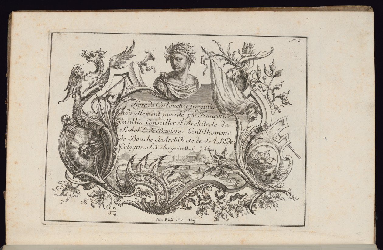 Cartouche com busto retrato, Livre de Cartouches Irréguliers (Livro de Cartouches Irregulares) de François de Cuvilliés the Elder