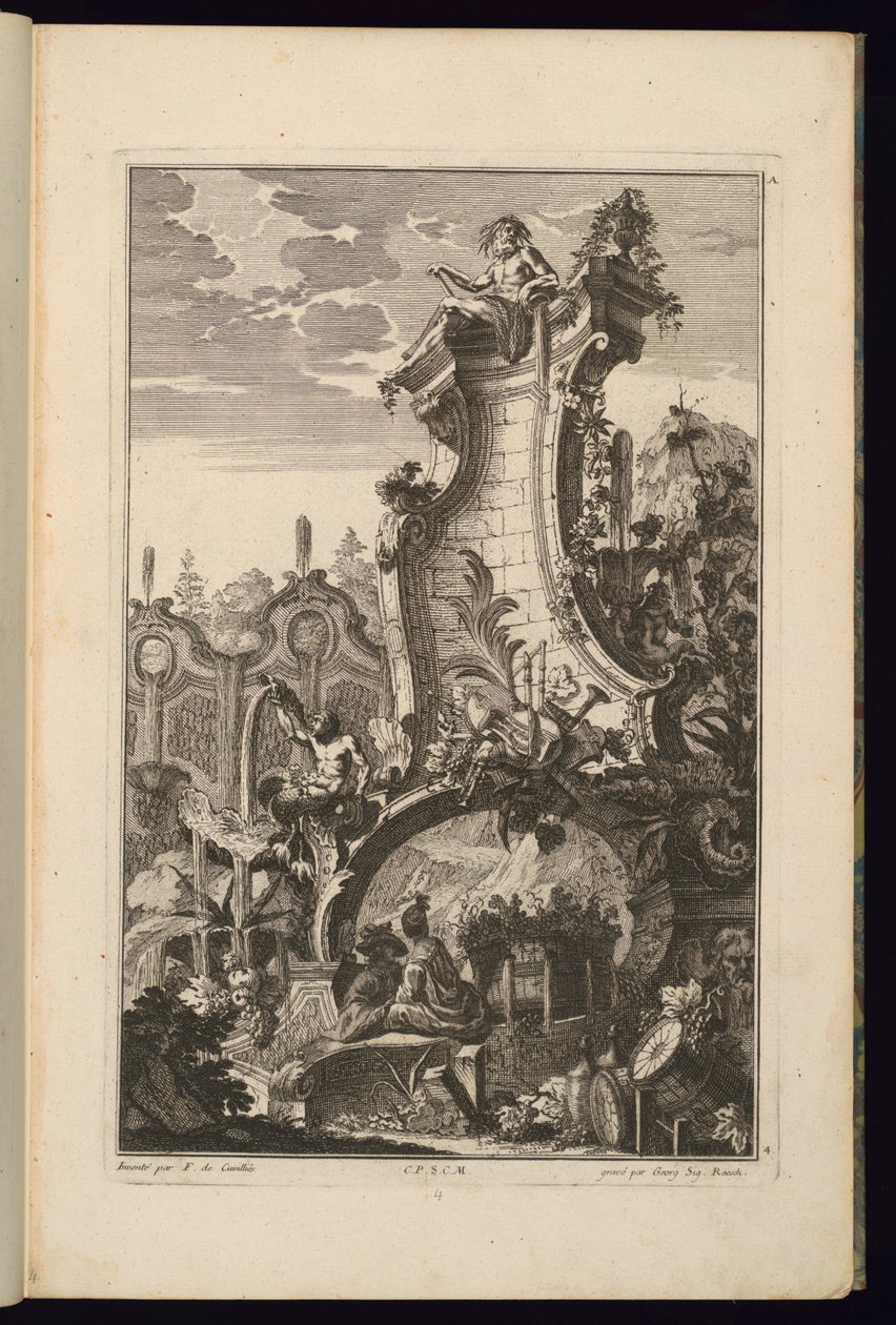 Design para fonte com troféu de instrumentos musicais de François de Cuvilliés the Elder