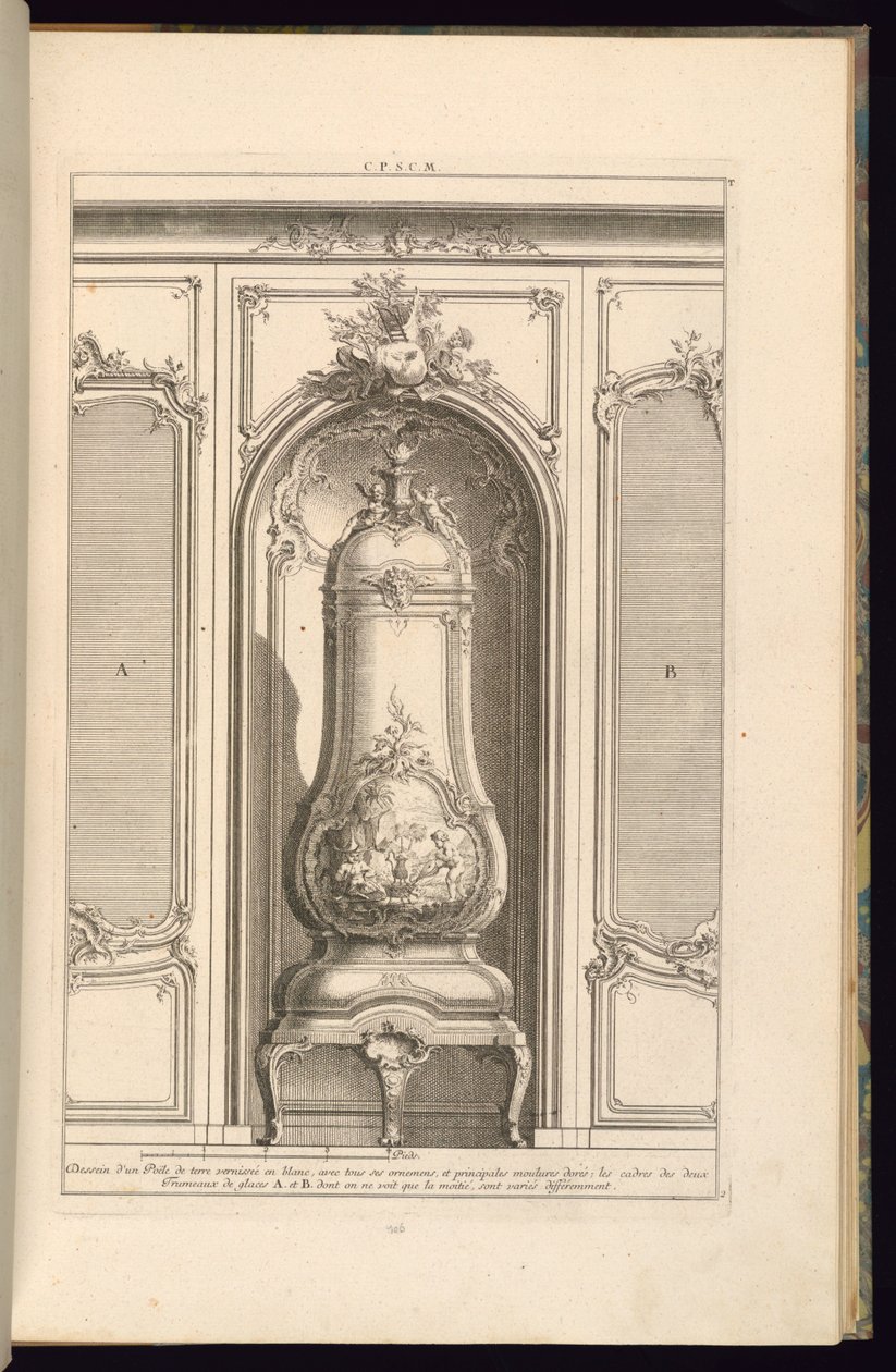 Desenho de um fogão de terra vitrificada em branco… de forma diferente de François de Cuvilliés the Elder