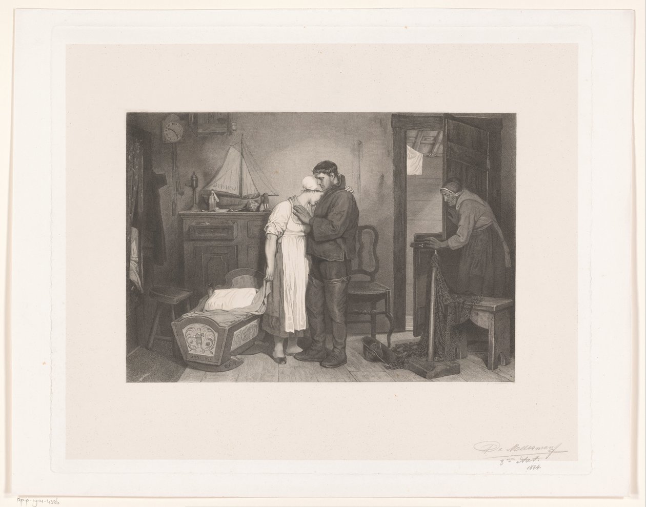 Visser Interior com um casal de luto em um berço vazio de François de Meersman (signed by artist)