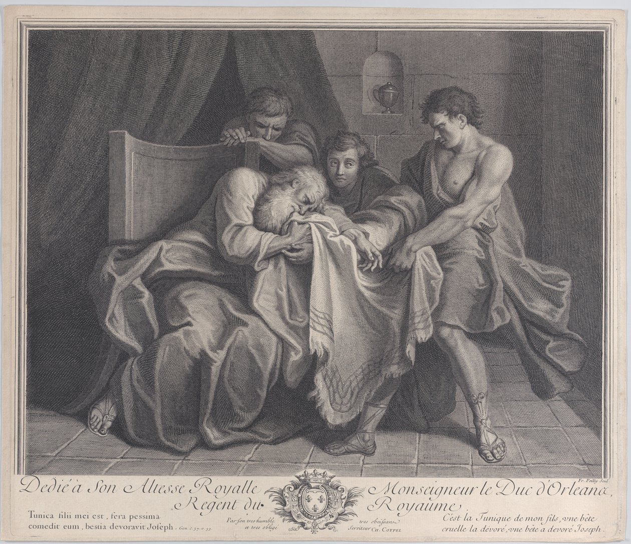 Jacó chorando no manto de seu filho enquanto seus outros filhos o puxam para longe dele, 1724. de François de Poilly