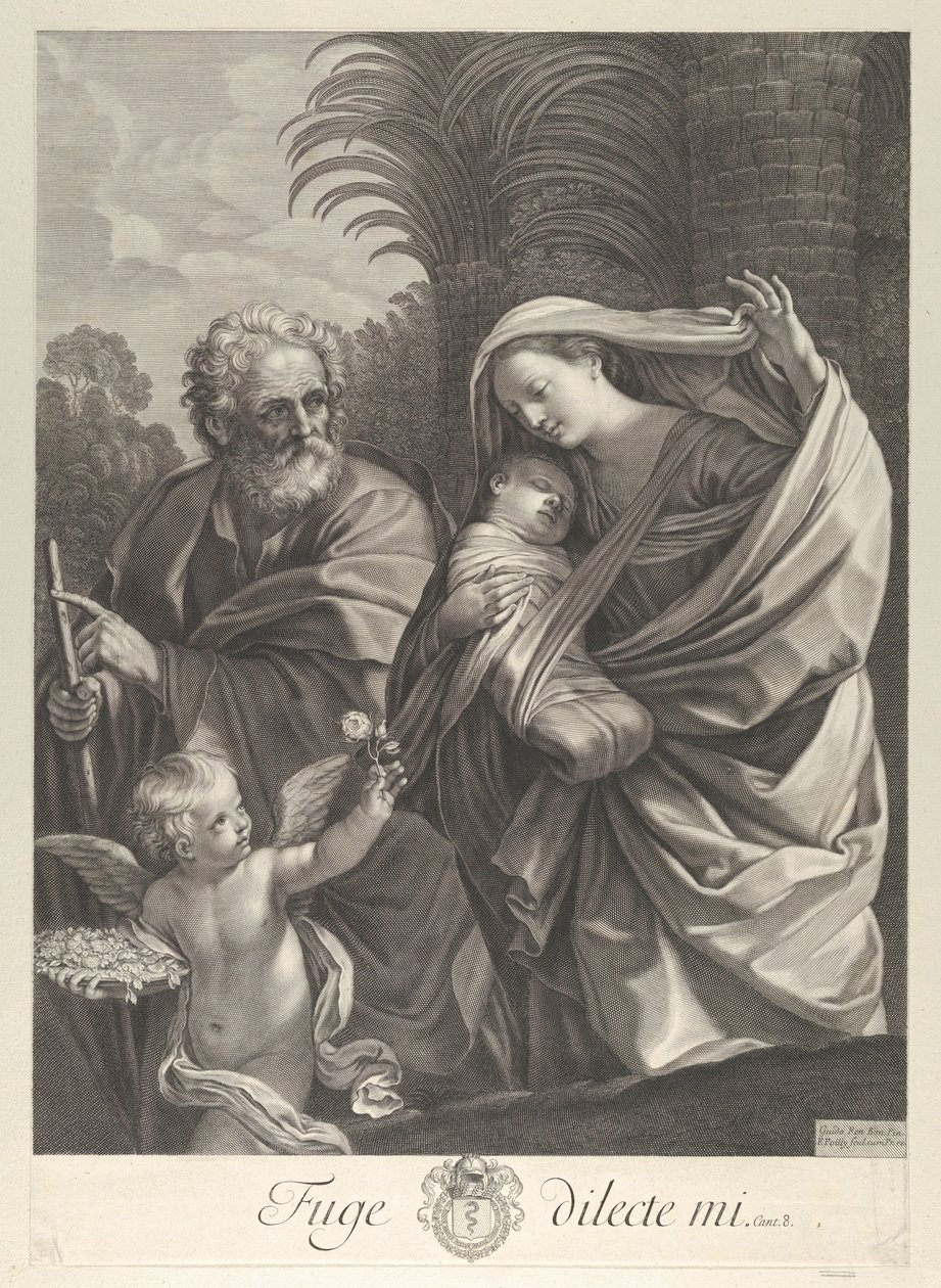 A Fuga para o Egito, a Sagrada Família caminhando junto, São José apontando para o..., c. 1648-81. de François de Poilly